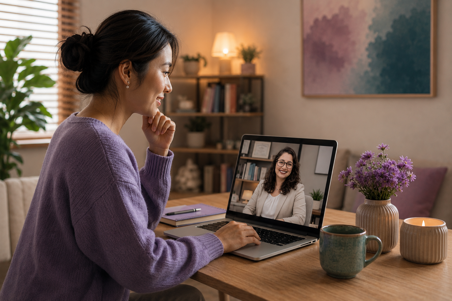 Atendimento psicológico online com a psicóloga na tela do computador